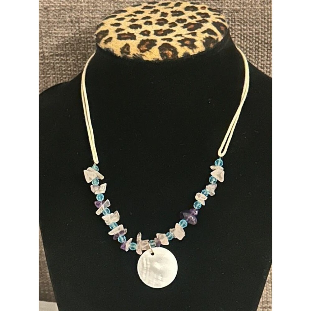 Shell Pendant & Purple Blue Beaded Necklace